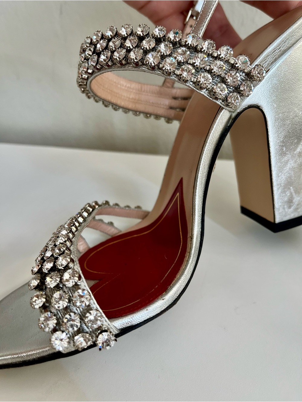 Gucci Bertie Crystal Metallic Leather Sandals Size 36.5 - Picture 9 of 16